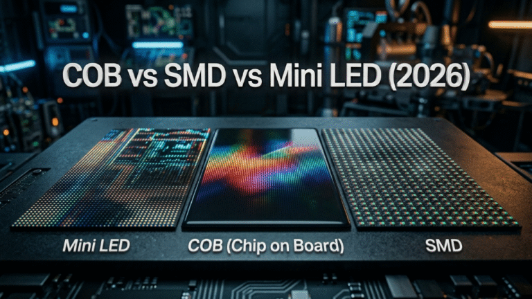 Professional comparison of COB, SMD, and Mini LED display technologies for B2B procurement.