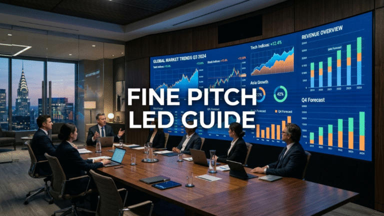 Professional fine pitch LED video wall in a high-end corporate boardroom environment.