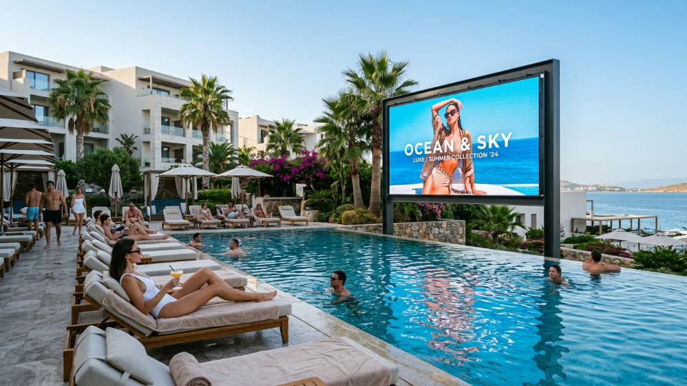 Pantalla publicitaria LED junto a la piscina del complejo turístico