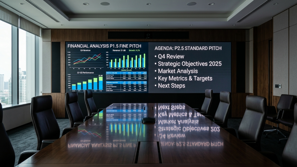Split-screen comparison of text resolution on a P1.5 versus P2.5 LED display from a 2.5-meter viewing distance.