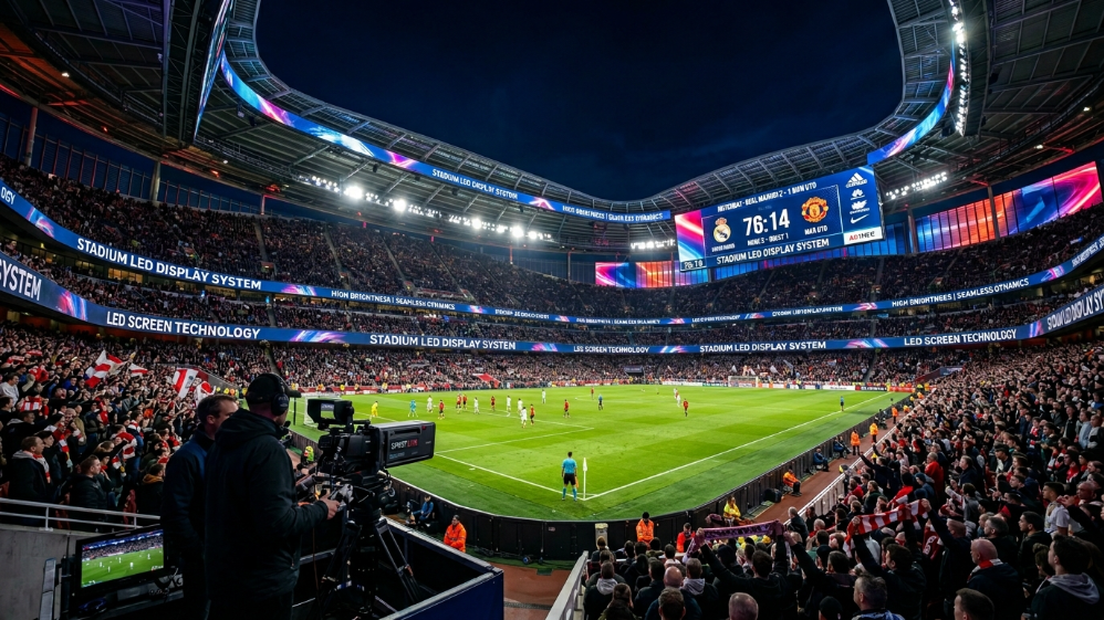 Stadium perimeter LED display and scoreboard LED system in modern football stadium