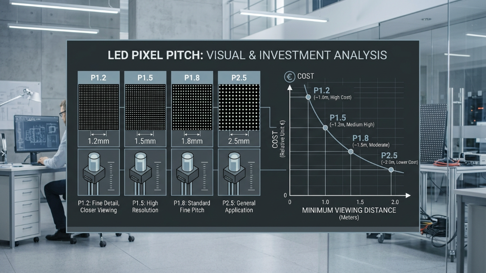Technical infographic mapping LED pixel pitch (P1.2 to P2.5) to minimum viewing distances and relative cost index.
