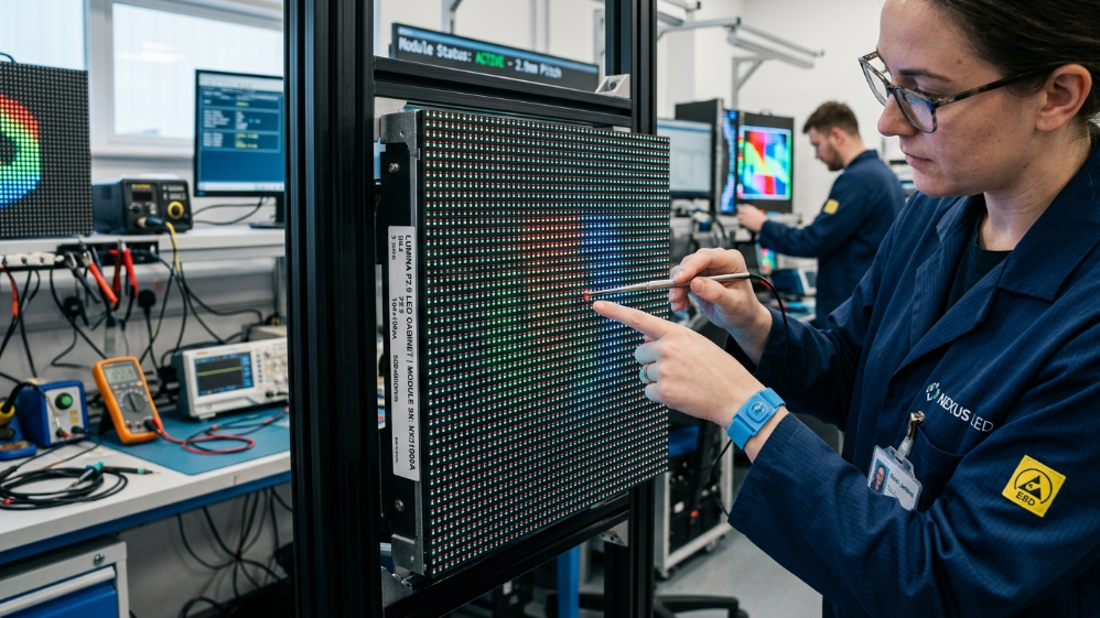 Technician inspecting P2.9 LED screen pixel structure