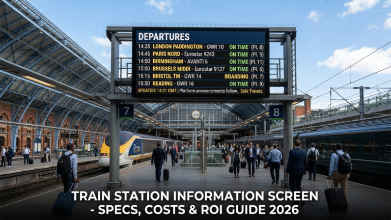 Train station information screen LED display showing real-time departure information