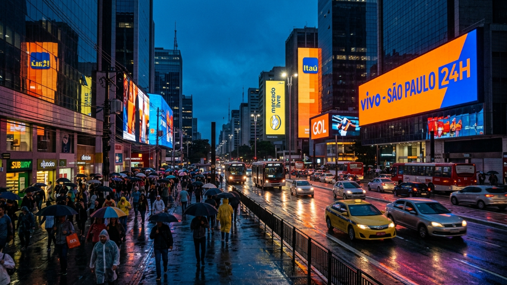 شبكات شاشات LED خارجية حضرية على ناطحات السحاب في ساو باولو، البرازيل