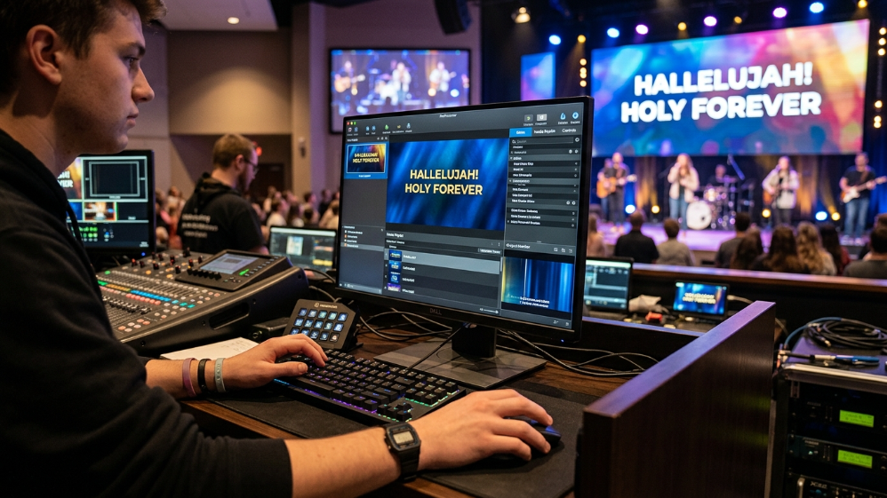Volunteer-friendly workflow with ProPresenter and LED video walls.