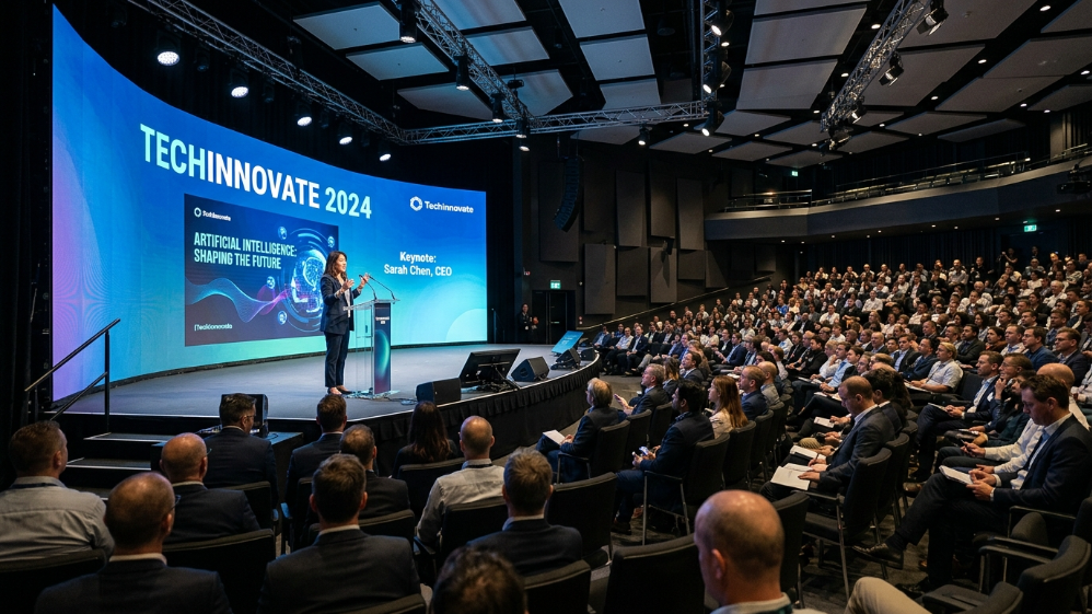 corporate event LED screen backdrop real conference setup