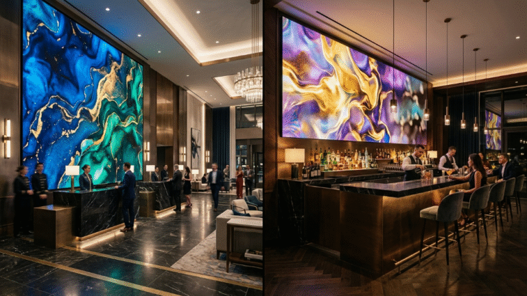 Modern luxury hotel lobby and upscale bar showcasing seamless direct-view LED wall displays