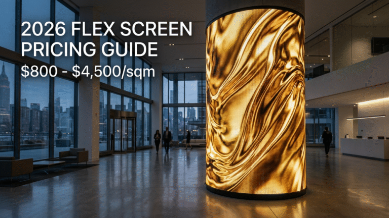 Flexible LED Screen B2B Pricing Guide thumbnail showing a curved pillar display.