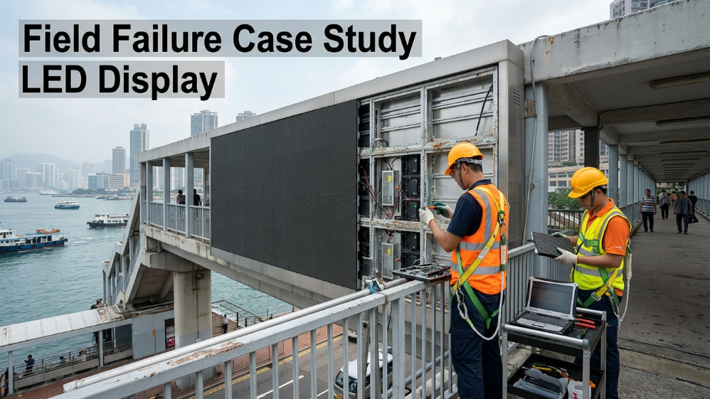 Coastal LED display failure case with maintenance engineers repairing water damage