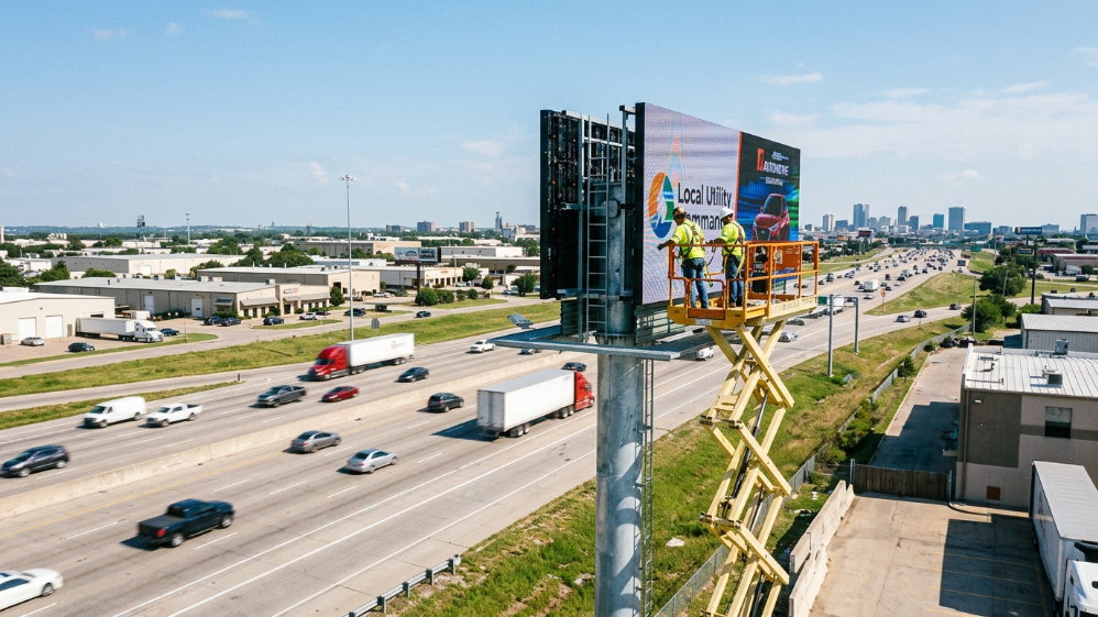 Highway digital LED billboard undergoing maintenance using a scissor lift