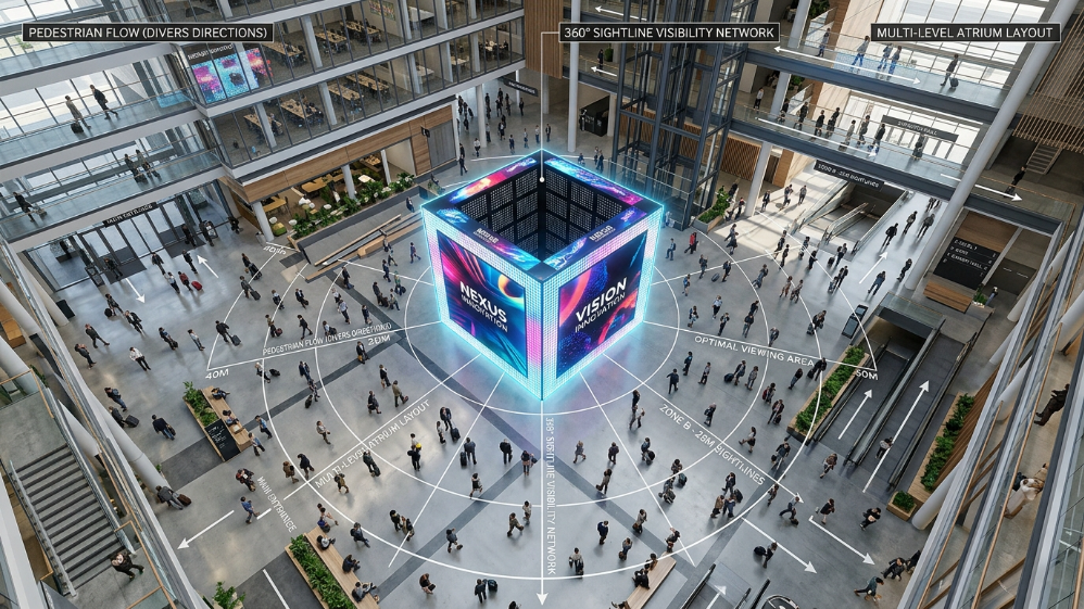 开放式中庭空间内，360度LED立方体显示屏可从各个方向观看。