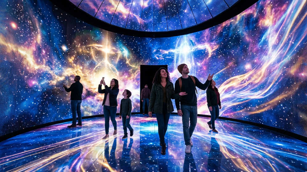 Salle immersive à 360° avec éclairage LED dans une exposition muséale