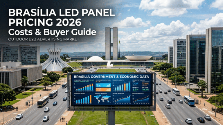 Brasília city skyline with large outdoor LED billboard showing pricing guide visuals