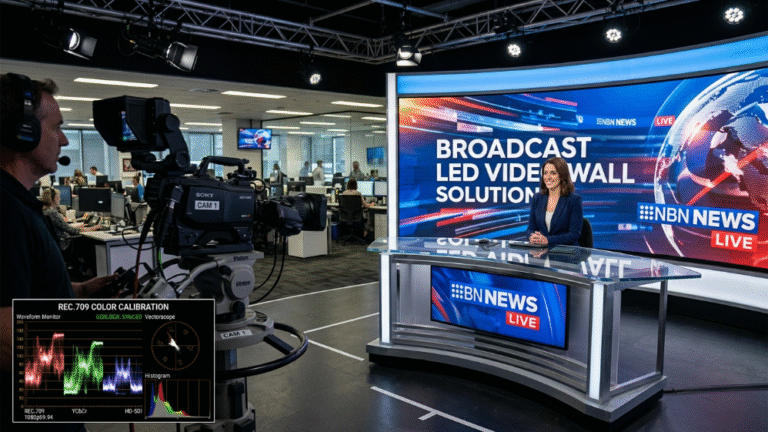 Broadcast LED video wall in a modern TV studio with camera and Rec.709 calibration overlay