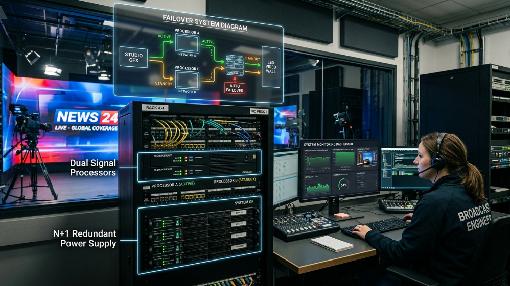Broadcast LED video wall redundancy system with dual signal and power backup