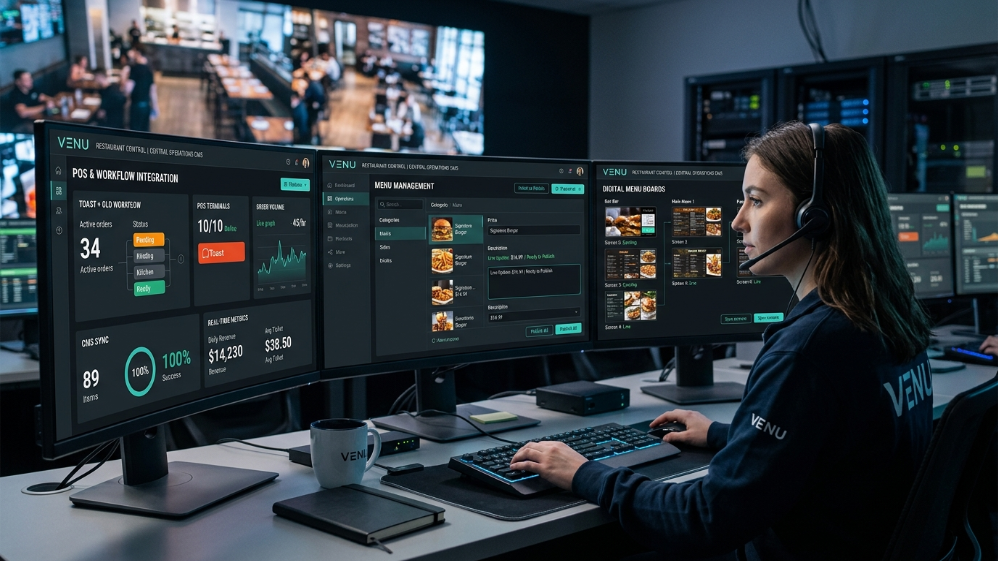CMS system controlling restaurant LED screens with POS integration dashboard