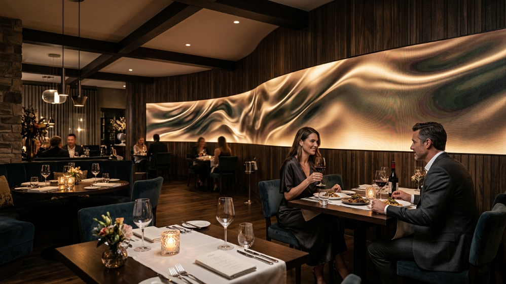 COB LED ambient wall integrated into luxury fine dining restaurant interior
