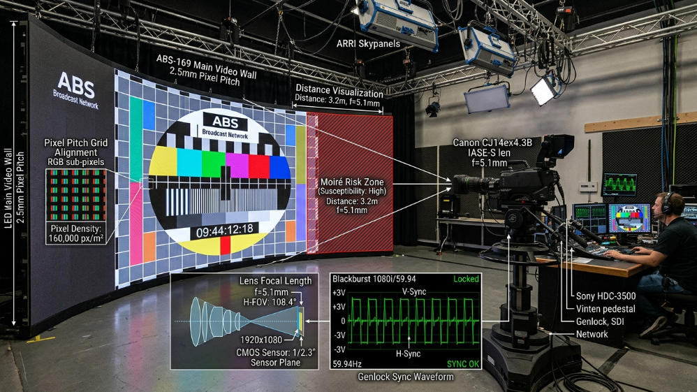 Camera and LED pixel pitch compatibility chain diagram in broadcast studio