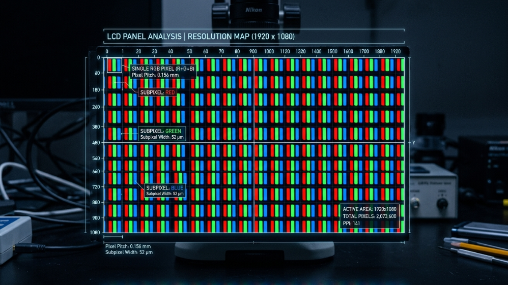 Close-up of FHD LCD pixel structure and resolution grid mapping