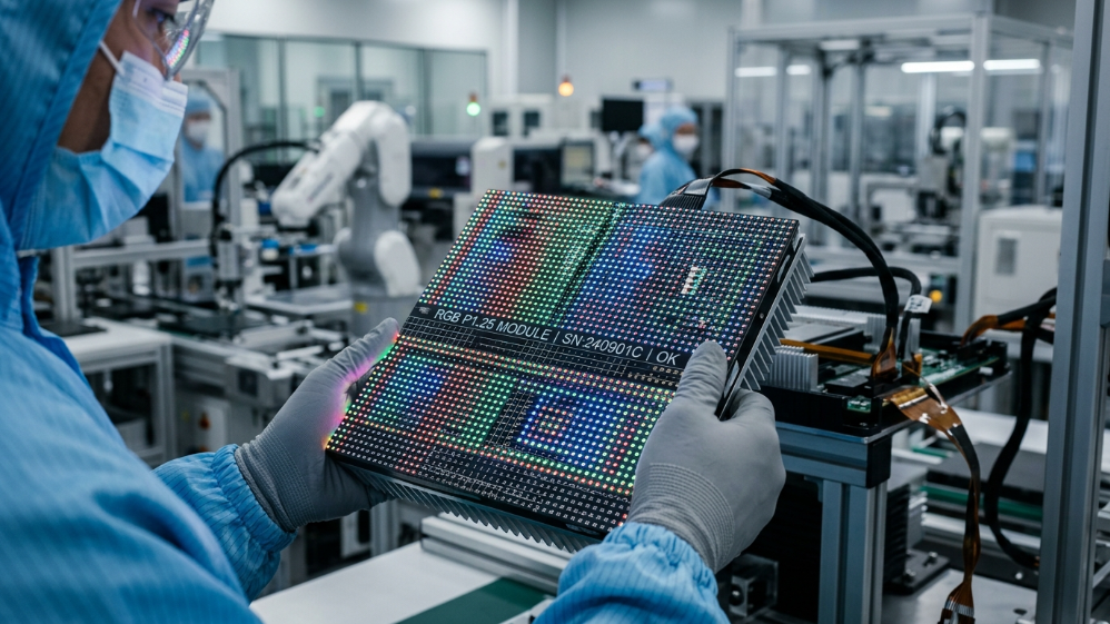 Close-up of direct-view LED module showing RGB pixel structure