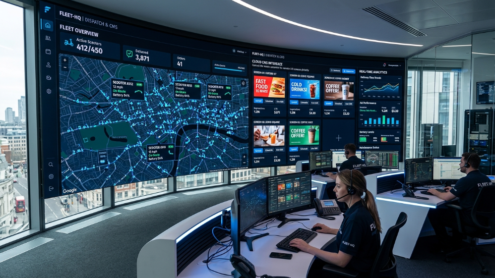 نظام تحديد المواقع العالمي (GPS) بتقنية الجيل الرابع (4G) قائم على الحوسبة السحابية، يدير ويحدث أسطولاً من شاشات الإعلانات LED المتنقلة في الوقت الفعلي.