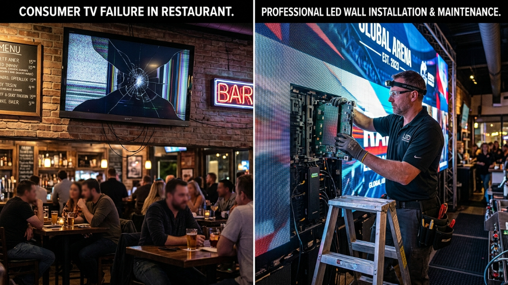 Comparison between consumer TV failure and commercial LED screen reliability in restaurants