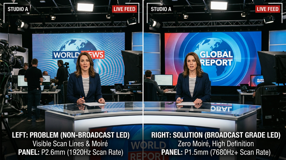 Comparison of standard LED display vs broadcast-grade LED video wall showing moiré issues