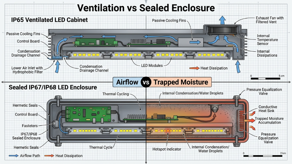 Comparison of ventilated IP65 LED cabinet versus sealed IP67 IP68 enclosure design