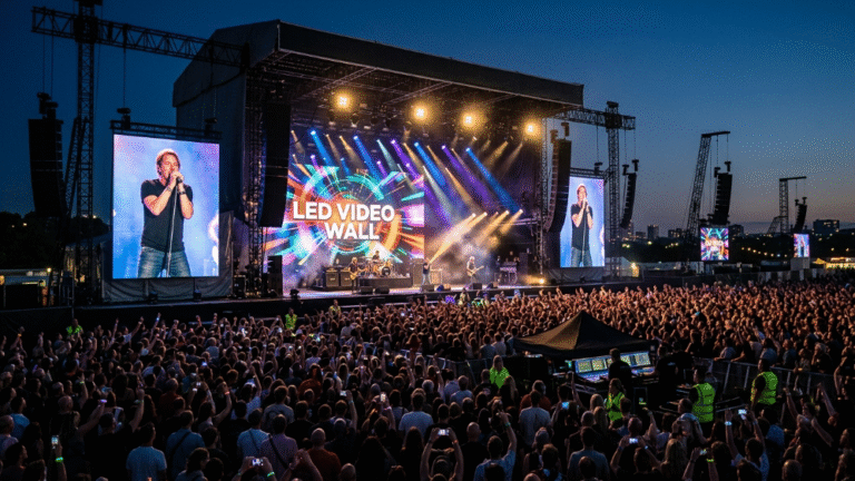 Concert LED video wall display at a large outdoor music festival