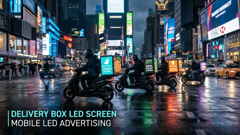 Delivery scooters equipped with 3-sided LED advertising screens generating mobile media impressions in a modern city at night.