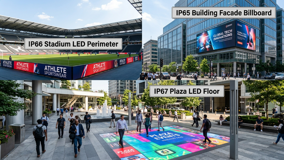 Different real-world LED display applications showing IP65 IP66 IP67 use cases