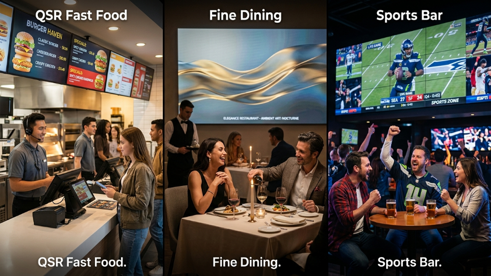 Different restaurant types using LED screens with different brightness and pixel pitch requirements