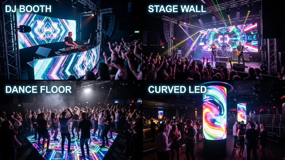 Comparación visual de diferentes tipos de pantallas LED para discotecas.