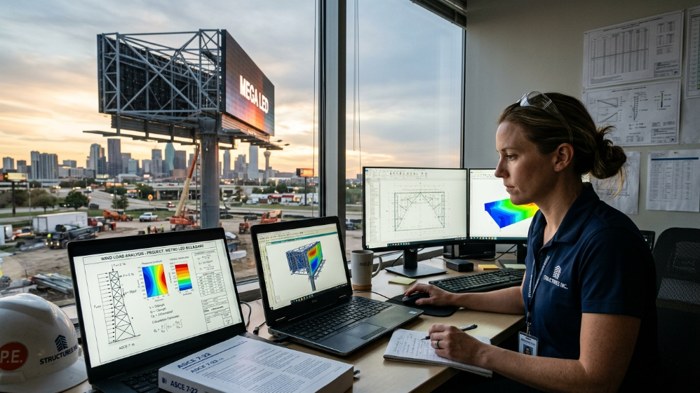 Engineer calculating wind load for outdoor LED billboard structure design