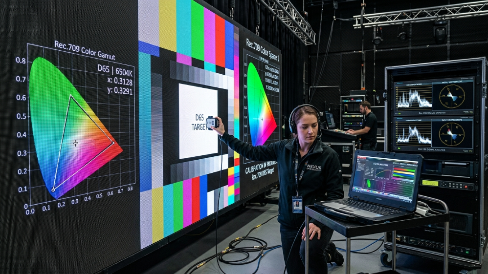 Engineer calibrating LED video wall to Rec.709 broadcast color standard