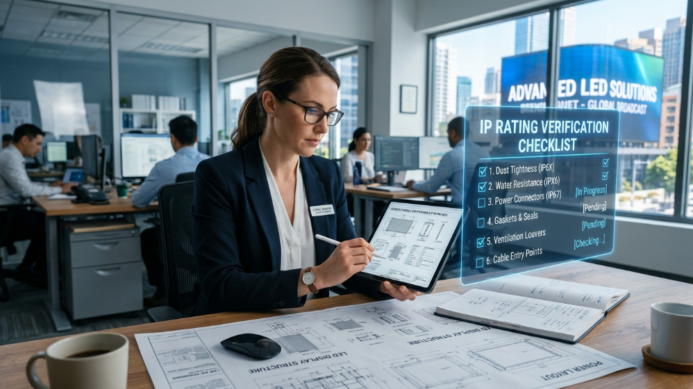 Engineer reviewing IP rating certification checklist for LED display procurement