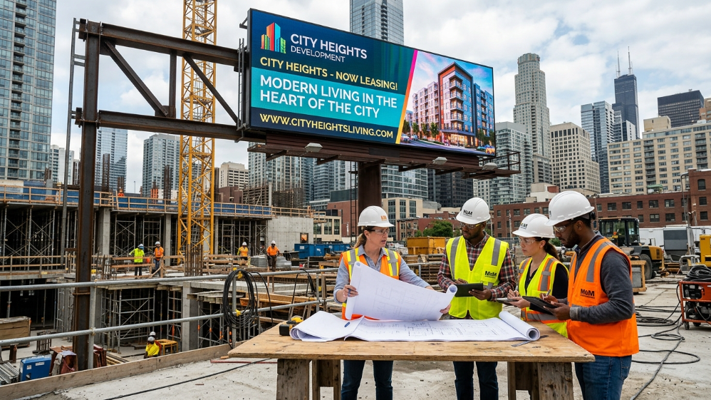 Engineers reviewing LED billboard structural plans