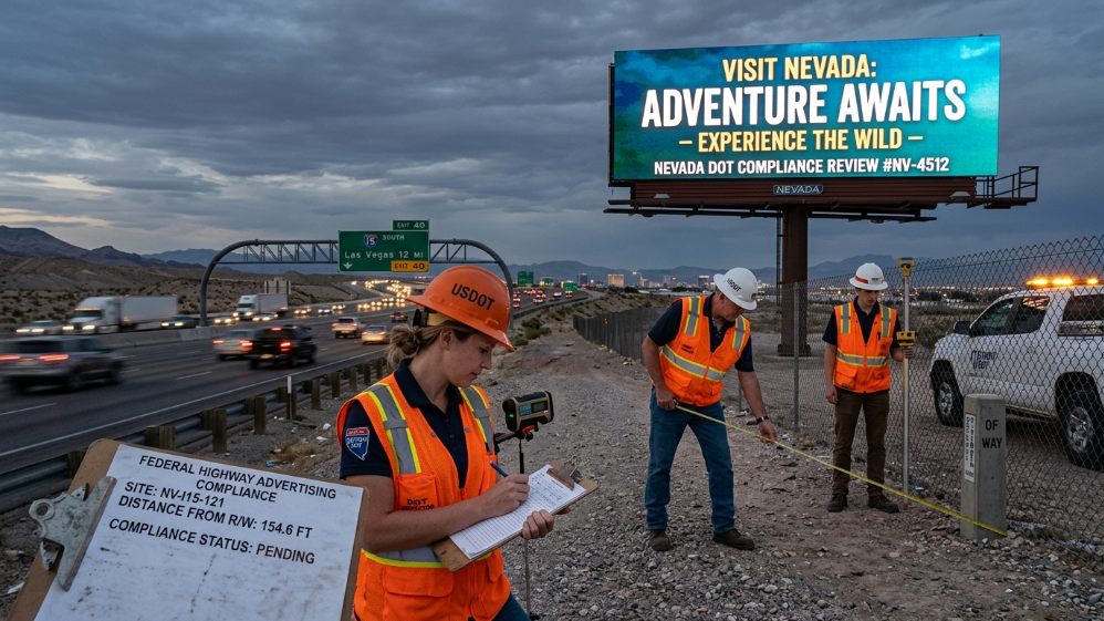 Federal highway authority inspecting LED billboard placement near interstate right-of-way