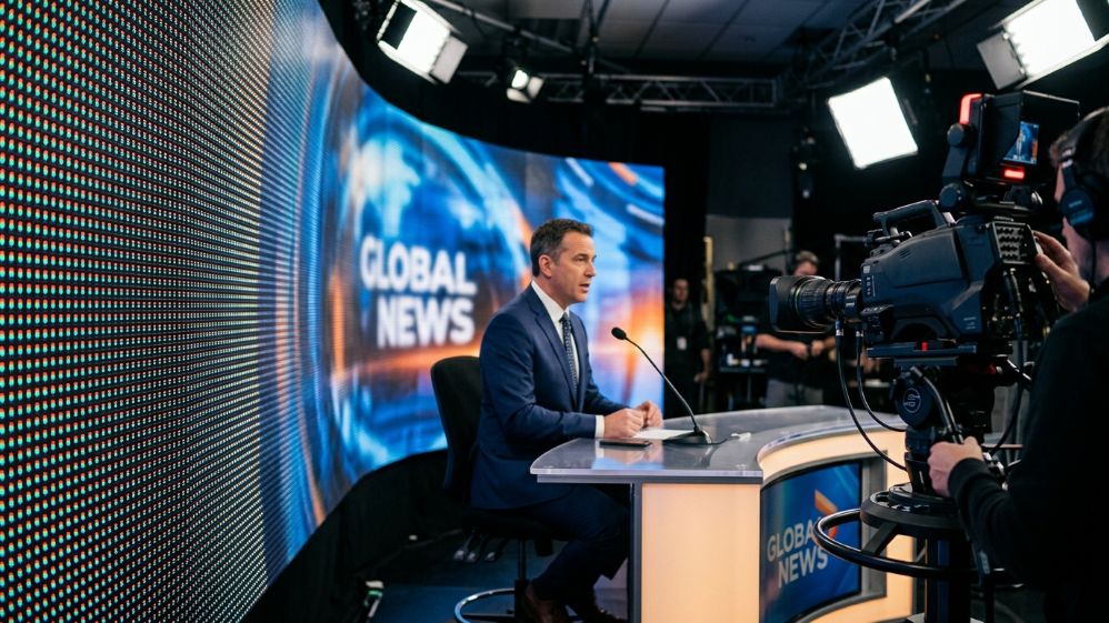 Fine pitch LED video wall used in TV studio behind news anchor