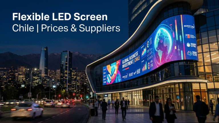 Flexible LED screen installed on curved building facade in Chile showcasing DOOH advertising at night