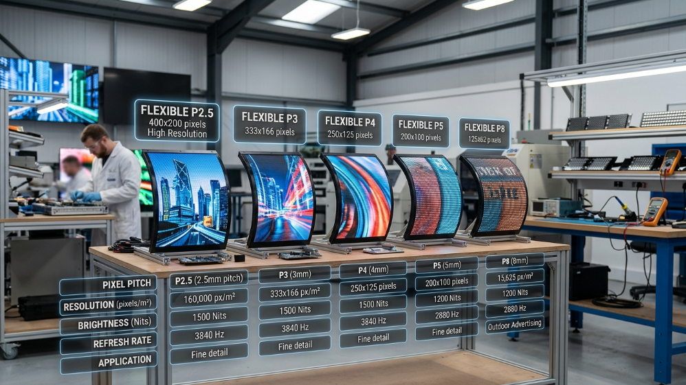 Flexible LED screen specifications comparison showing different pixel pitch models in industrial showroomFlexible LED screen specifications comparison showing different pixel pitch models in industrial showroom