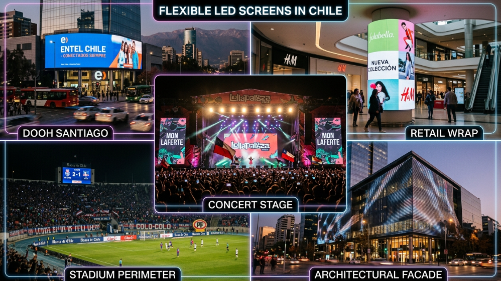 Flexible LED screens used in stadiums, retail, concerts, and DOOH advertising in Chile