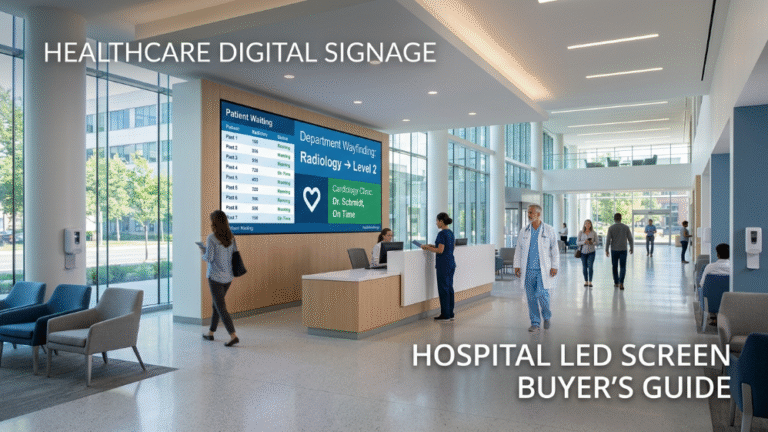 Healthcare digital signage LED screen in modern hospital lobby
