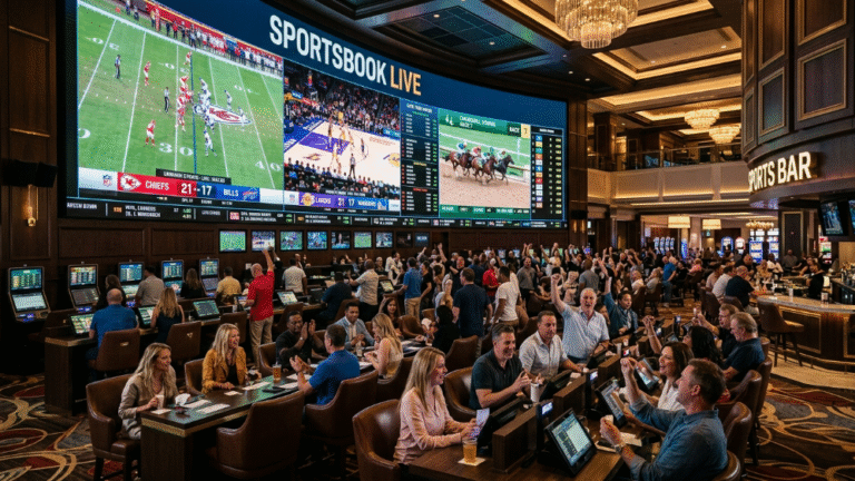 Casino LED display and sportsbook video wall inside a luxury gaming resort