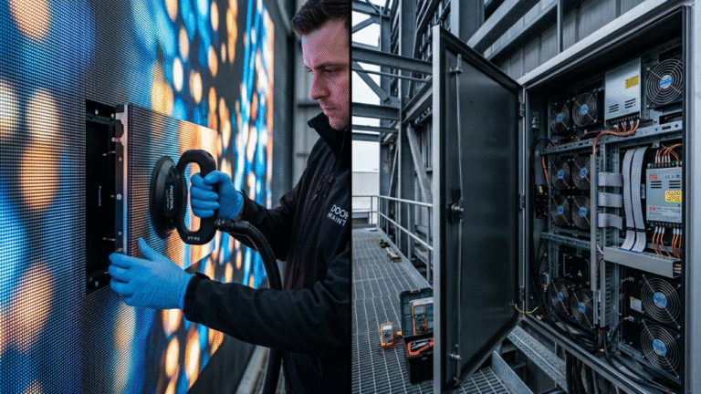Industrial comparison of front-access vacuum tool removal and rear-access cabinet components for LED billboard