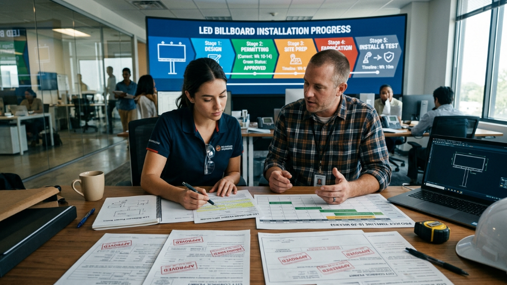 LED billboard permit approval timeline showing multi-stage regulatory process and scheduling