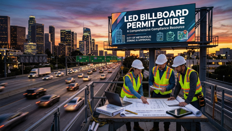 LED billboard permit guide featuring a large outdoor LED display screen on a highway with engineers reviewing compliance documents