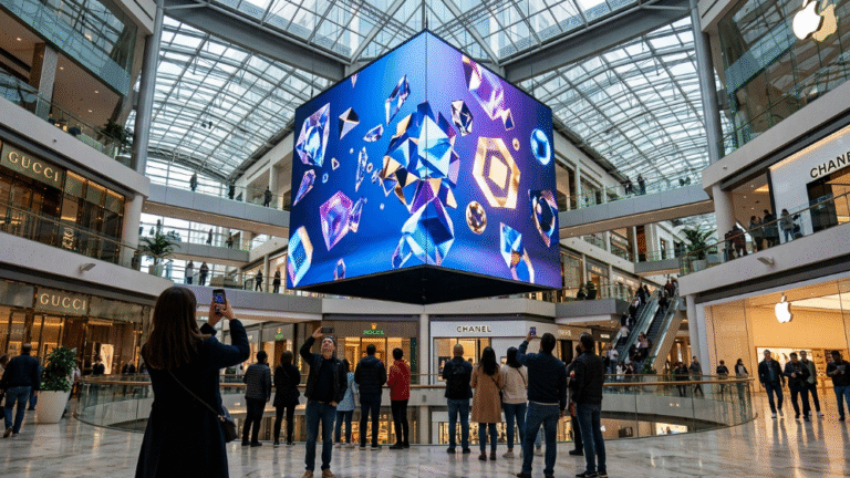 LED cube display suspended in shopping mall atrium showing immersive 360-degree 3D visuals