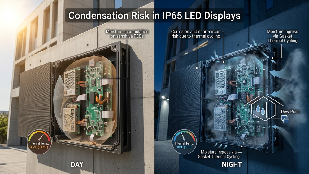 LED display internal condensation caused by thermal cycling in outdoor environment
